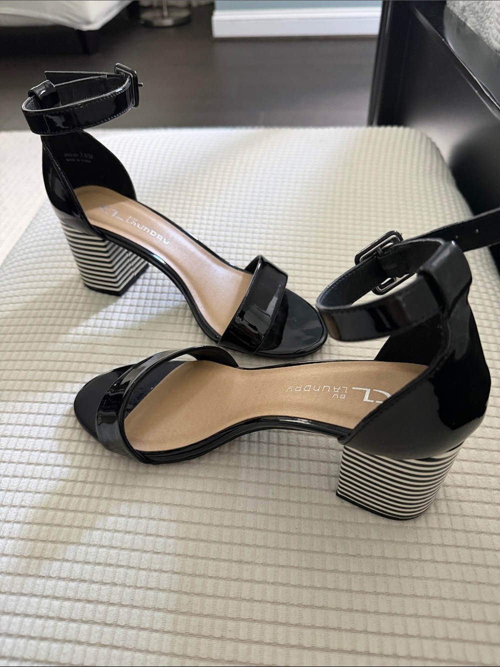 Chinese Laundry Black Patent Ankle-Strap Sandals with Striped Block Heel Detail